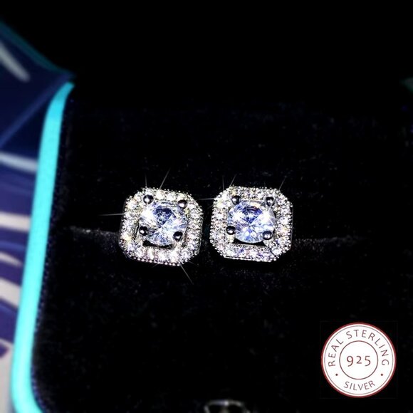 🆕 Small Square 0.65 Carat Halo Diamond Earring Studs, 925 Sterling Silver 🆕 - Picture 3 of 6